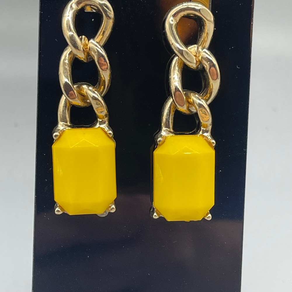 Monet Gold Tone Yellow Resin Emerald Cut Drop Chain‎ Earrings Statement Jewelry